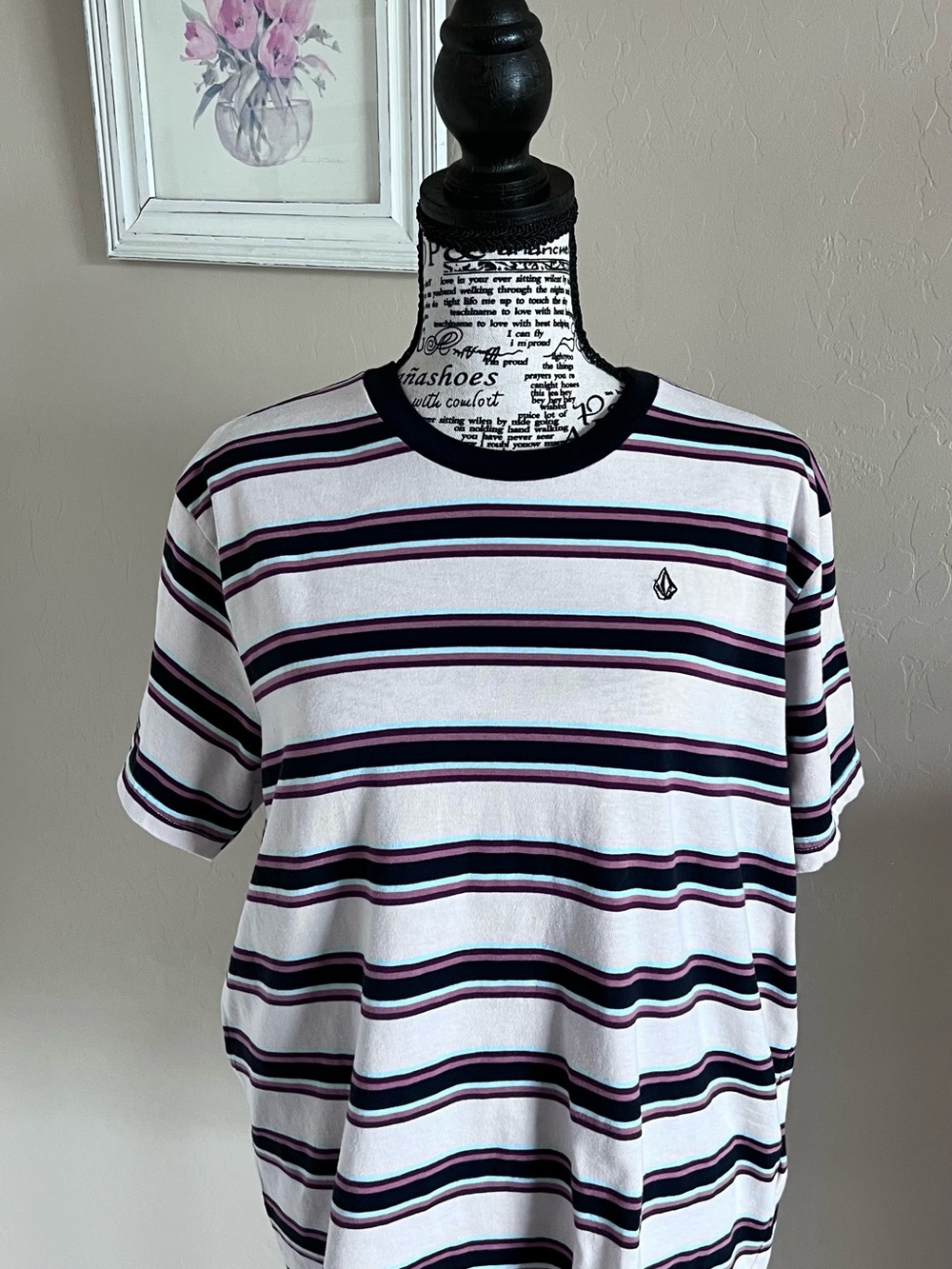 Volcom White Tee with Black and Purple Horizontal Stripes